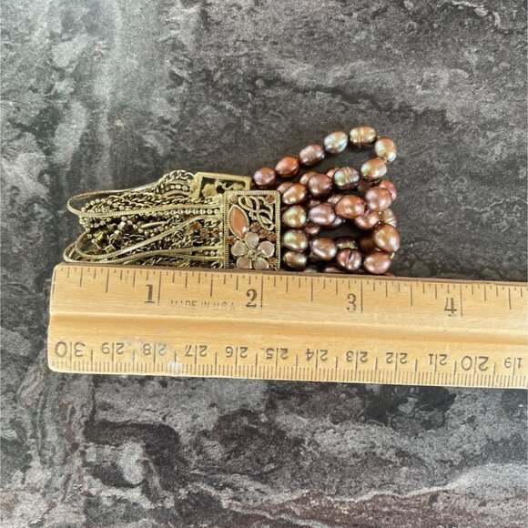 Vintage Multi-Strand Bronze Freshwater Pearl Bracelet w/Ornate Floral Inlay - Picture 6 of 8